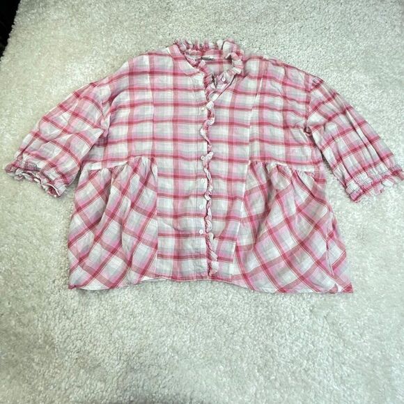 Sundance Janis Pink Plaid Ruffle 3/4 Sleeve Blouse - Picture 2 of 8
